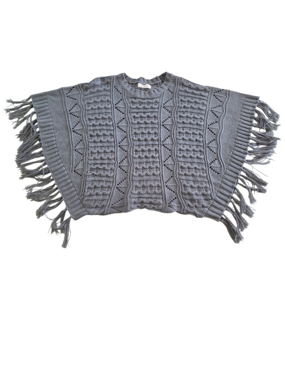 Elan Knit Poncho Sweater Women OS Gray Fringe Open Knit Hobo Coastal Hippie Boho